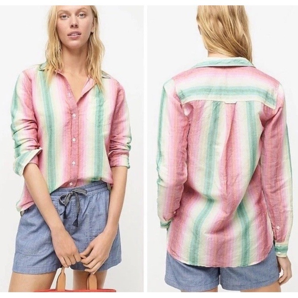 J. Crew Womens Classic-fit Linen Blend L/S Button Front Shirt Rainbow  Sz 0 EC